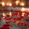 Red rose petals scattered on water with glowing candles in the background