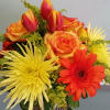Bright mixed flower arrangement with roses, tulips, gerbera daisies, and chrysanthemums in a vase