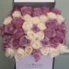 Boxed bouquet of pink, lavender, and white roses