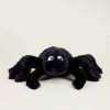 Black plush spider toy with large eyes on a plain background