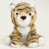 Plush tiger stuffed animal sitting against a plain background
