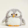 Plush owl toy with gray and white fur and orange beak and feet