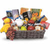 Fruit and snack gift basket in a wicker tray