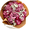 A dozen vibrant, purple roses adorned with delicate baby's breath and lush