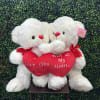 Two white teddy bears holding a red heart pillow