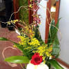 A chocolate scent orchid in a unique arrangements