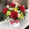 Red Roses, Alstroemeria, Mini Carnations in a white round velvet box