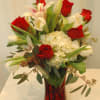 Red Roses, Tulips and lilies with hydrangea.
