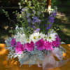 lavender lockspur, dusty miller, daizys, carnations