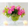 Half dozen pink roses in short glass vase
