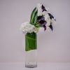 This large and dramatic design features extra long black calla lilies and