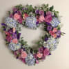 24&quot; open heart wreath with gorgeous blue hydrangea blooms, pink and purple