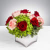 This arrangement includes blush pink roses, red roses, blush spray roses, white