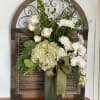 Tall and nice green Vase with Wood support, and tall white flowers