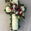Medium Cross with a middle line of white roses , pom pom
