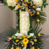 Large  cross with roses, stock, pom pom, gladiolas tropical leafs babies