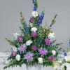 Lovely lavender roses and spider mums with purple larkspur and white carnations