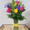 Lovely Spring Boquet with Iris, Yellow and Hot Pink Roses,Lilies and Bells