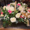 This Basket Spray has White Roses, Creme Spray Roses, Pink Roses, White