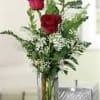 3 Lovely red roses in a vase, with filler and bow..the perfect