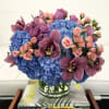 This Stunning Arrangement is filled with Blueish Purple Hydrangea, Summer Plum Cymbidium