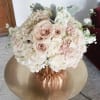 Blush Pink Roses, Hydrangea and grey dusty miller inside a geo rose