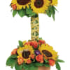 In a magical garden, dragonflies alight on blooming sunflowers and roses, and
