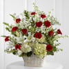Beautiful mix of reds &amp; white roses, carnations, lilies and hydrangea arranged