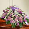 white lilies, lavender stock, lavender mums, white roses