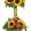 In a magical garden, dragonflies alight on blooming sunflowers and roses, and