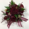 Burgundy Spray Roses, Wax Flower, Greenery, Crimson Ribbon and Accents. Base Price