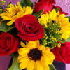Half a dozen red roses and sunflowers