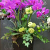 Permanent botanical phalaenopsis orchids arranged in tall container with the other textured