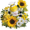 Stuffed Bee sitting among Sunflowers, Daisy, Alstroemeria and Mums