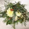 This farm fresh inspired bouquet comes complete with white dahlias, peach hypericum