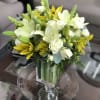 White Lily, White Roses, Yellow Lily, Bells of Ireland in a square