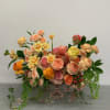 Bonhomie  style arrangement with roses, garden roses, coffee bean, and other