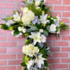 Stunning Garden Cross with white Lillies, white Hydrangeas, white Roses and white