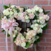 Funeral 24&quot; open heart standing spray with white/light pink hydrangeas and white