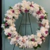 22&quot; WREATH WITH WHITE AND PINK ROSES, WHITE HYDRANGEA, PINK LISIANTHUS AND
