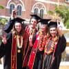 Crimson and gold come together to create one fabulous double orchid lei.