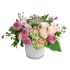 A pink spring flower bowl with seasonal pink summer and spring flowers