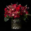 Elegant silver mercury glass vase featuring red mini spray roses, premium red