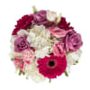 In a 4X4 square lavender color glass vase consisting of white hydrangea
