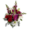 In a 8&quot; cylinder with burgundy snapdragons, white lilies, red roses, purple