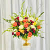 Whimsical design filled with autumn colored flowers - orange, tan, Burgundy. 