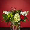 UPGRADES GLASS VASE WITH GREEN HYDRANGEA, RED ROSES, WHITE STOCK, GREEN MUMS