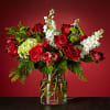 UPGRADES GLASS VASE WITH GREEN HYDRANGEA, RED ROSES, WHITE STOCK, GREEN MUMS