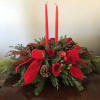 Candles, evergreen, ribbon, pine cones and roses
