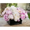 Gorgeous peonies and seasonal accent flowers in an elegant black vase. If